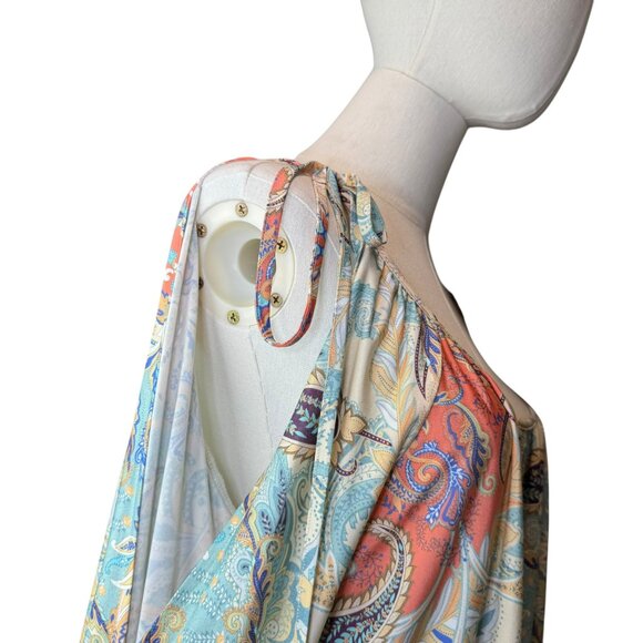 Boston Proper Boho Paisley Off Shoulder Peasant Blouse L Long Sleeve Tie Strap - Picture 4 of 7